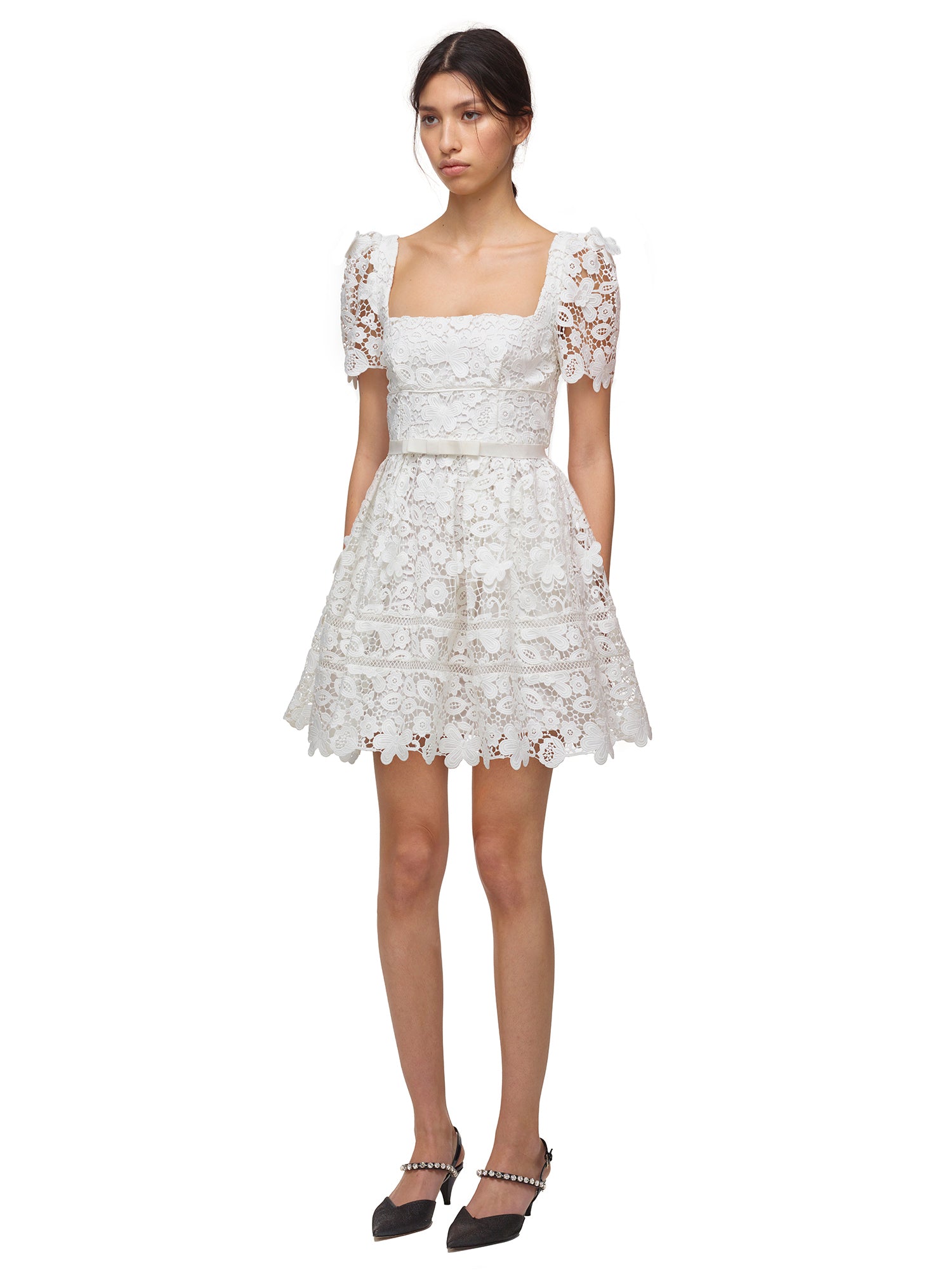 White Guipure Floral Lace Mini Dress ...